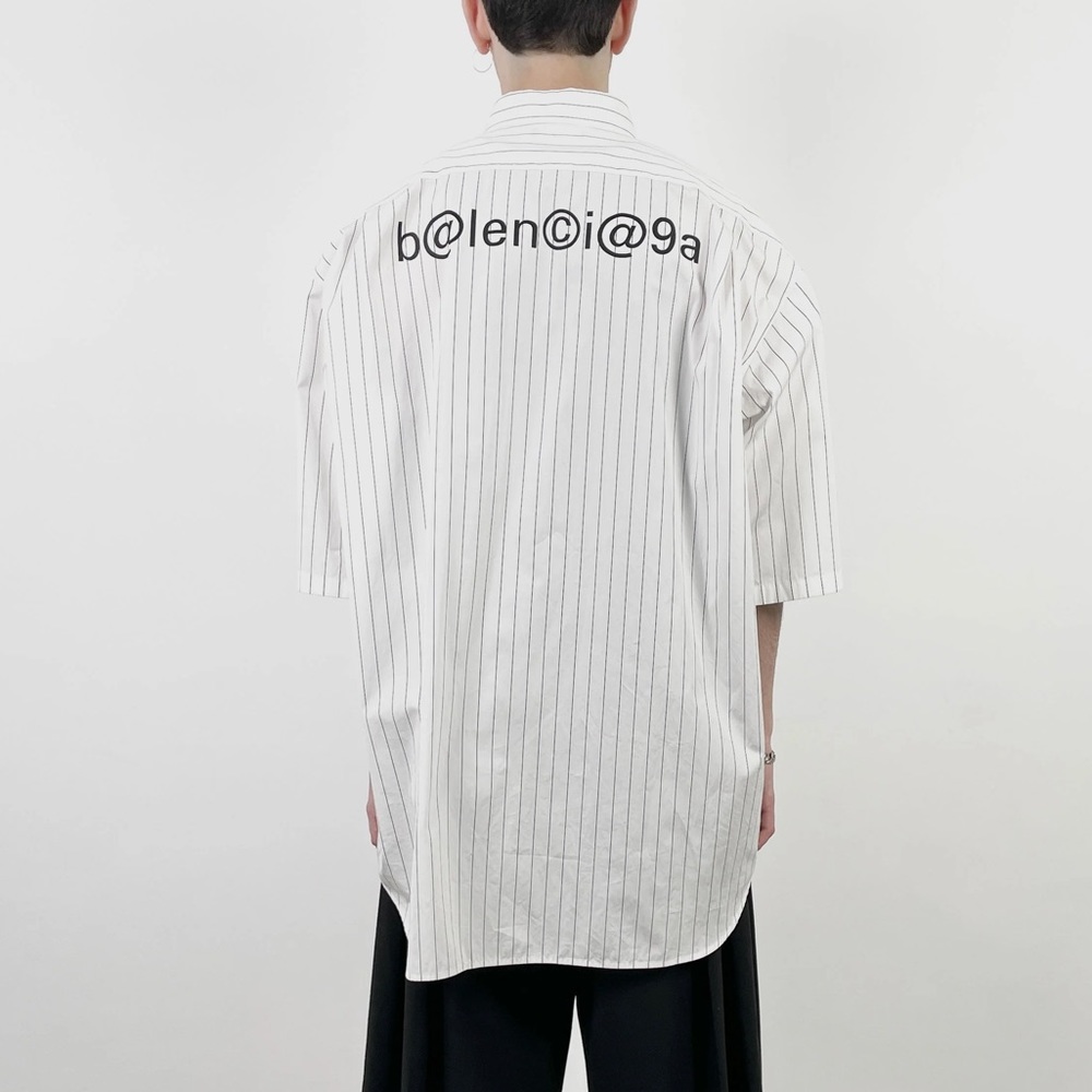 Balenciaga Pinstripe Logo Button Down Shirt Short Sleeve Black Striped Spellout